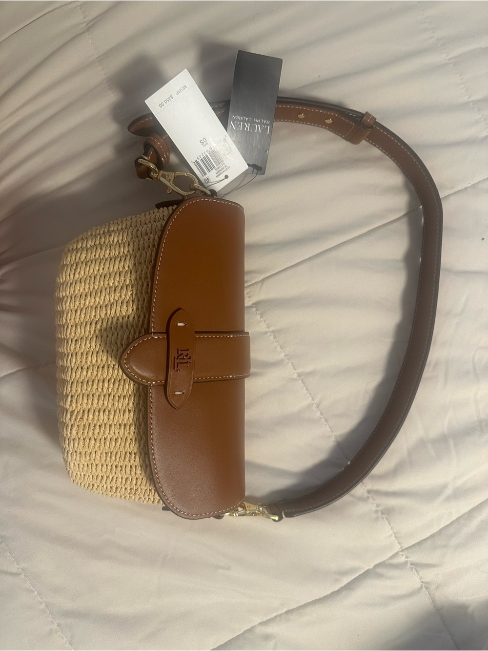 Ralph Lauren Brown Leather and Natural Woven Crossbody Bag - Picture 3 of 3